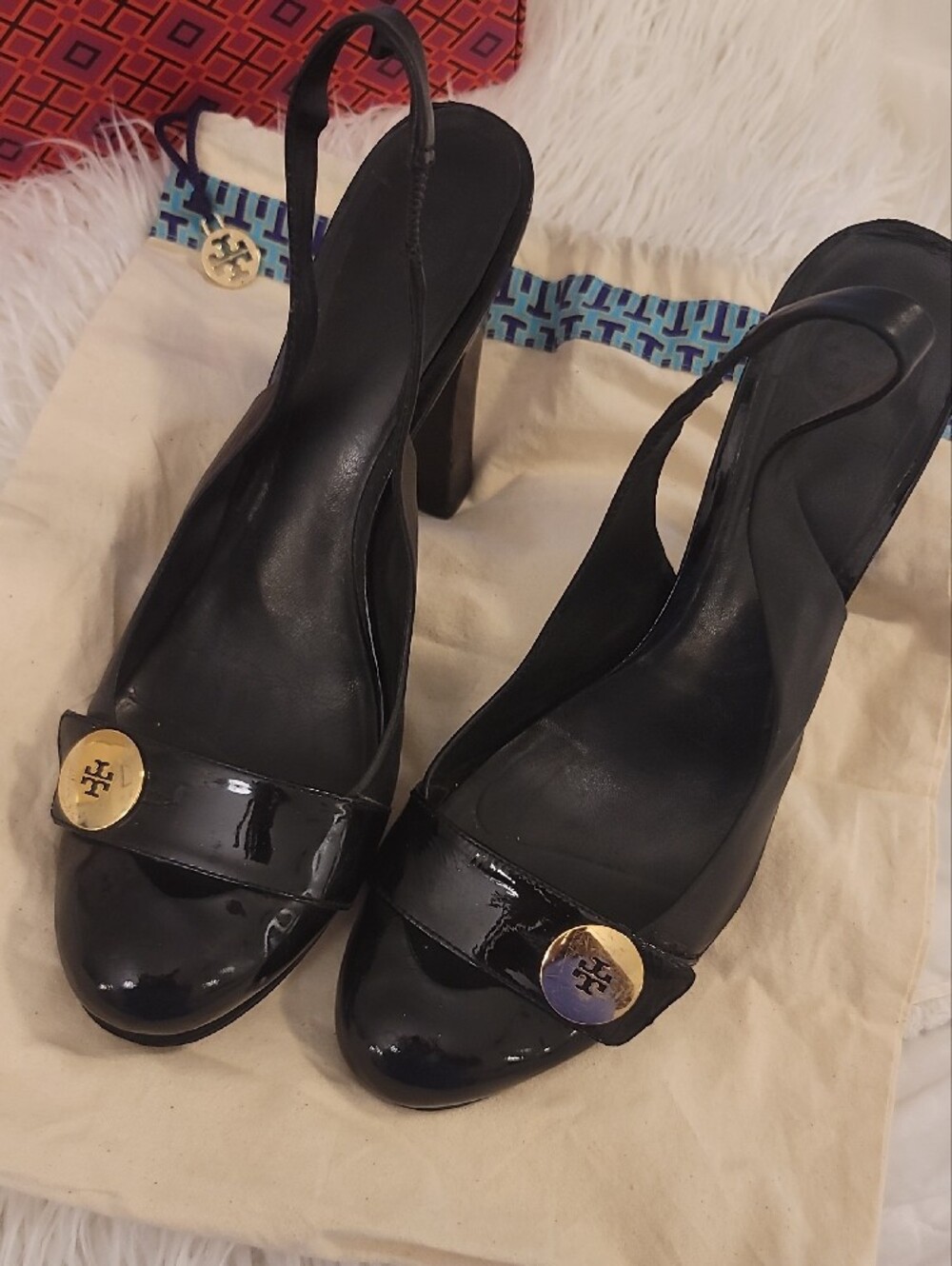 Tory Burch Black Patent Slingback Heels with Gold Logo Accents